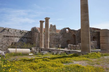 Lindos 'un kalıntıları, Rodos' un antik mimarisi. Dodecanese Adaları, Yunan Adaları, Yunanistan.