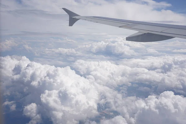 Aerial View Cloudy Skies Airplane Window — Stock Photo, Image
