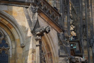 Gargoyle 'lar. Çek Cumhuriyeti Prag 'daki Prag Şatosu' ndaki St. Vitus katedralinin ayrıntılı görüntüsü.