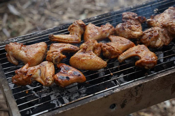 stock image Fresh chicken wings grill meat on fire. Making barbecue on the grill