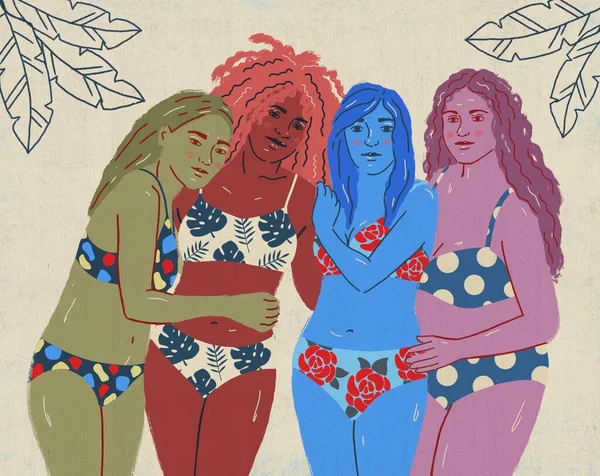 Quatro Meninas Curvilíneas Posando Trajes Banho Conceito Sobre Positividade Diversidade — Fotografia de Stock
