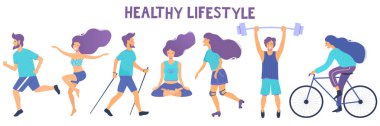 Sağlıklı yaşam tarzı. Farklı fiziksel aktiviteler: kick scooter, nordic yürüyüş, meditasyon, paten, cyckling, çalışan. Düz vektör çizimi.
