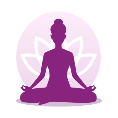 Lotus pozisyonunda oturmuş meditasyon yapan bir kadın. Yoga kız vektör illüstrasyonu.