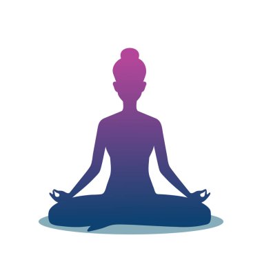 Lotus pozisyonunda oturmuş meditasyon yapan bir kadın. Yoga kız vektör illüstrasyonu.