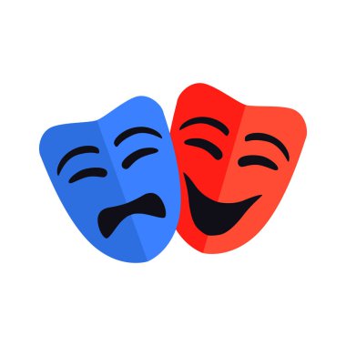 Maskeli balo vektör simgeleri. Tiyatro maskesi ikonu. Komik ve trajik maske ikonu. Mutlu ve mutsuz geleneksel tiyatro sembolü.