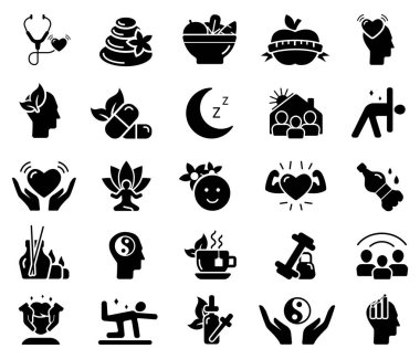 Sağlık, ruh sağlığı, sağlık, sağlık, spa ve sağlık konularında bir dizi ikon. Taslak simge koleksiyonu. Vektör düz simgeleri