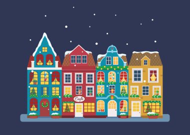 Avrupa kış kasabasının temsilci illüstrasyonu. Düz dizayn. Eski evler.