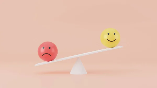 在有橙色背景的天平上 悲伤的脸的情感图标胜过快乐的脸的情感图标 3D渲染 — 图库照片
