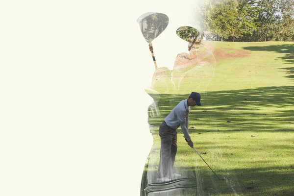 Dobbel Eksponering Golfspillerklubben Med Golfbane – stockfoto