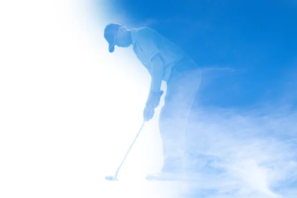 Dubbel Exponering Golfspelare Som Håller Klubb Med Blå Himmel — Stockfoto