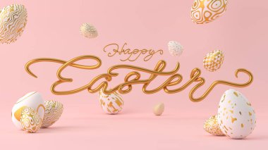Easter egg and gold text on pink background. Happy easter concept. 3D render