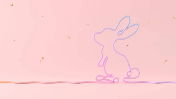 Dibujo Línea Easter Bunny Sobre Fondo Rosa Renderizado — Foto de Stock