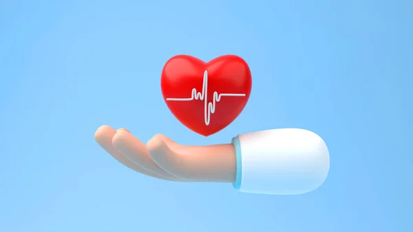 Arzthand Mit Rotem Herz Mit Weißem Pulsliniensymbol Auf Blauem Hintergrund — Stockfoto