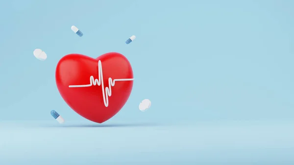 Rotes Herz Mit Weißem Pulsliniensymbol Und Medizin Auf Blauem Hintergrund — Stockfoto