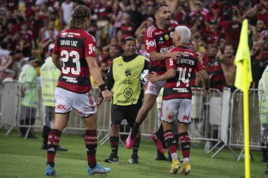 Rio de Janeiro (RJ), 28.02.2023 - Flamengo x Independiente Del Valle - Arrascaeta do Flamengo 'nun gol kutlaması. Maracan 'daki Recopa Sudamericana finalinin ikinci ayağı.