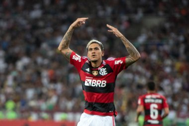 Rio de Janeiro (RJ), 01.04.2023 - Flamengo x Fluminense - Pedro do Flamengo 'nun golünün kutlanması. Flamengo x Fluminense maçı, Maracan Carioca Şampiyonası 'nın ilk maçı..