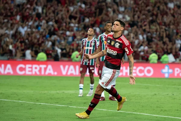 リオデジャネイロ 2023 Flamengo Fluminense FlamengoのAyrton Lucasによる目標お祝い マラカンで行われたカリオカ選手権決勝の1試合目 フラメンゴ フラメンセ戦 — ストック写真