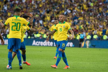 Rio de Janeiro, Brezilya - 07 Temmuz 2019: Brezilya Copa America 2019 Şampiyonu. Brezilya-Peru maçı Copa America 2019 finali için Rio de Janeiro 'nun kuzeyindeki Maracana Stadyumu' nda oynanacak..