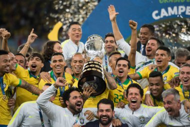 Rio de Janeiro, Brezilya - 07 Temmuz 2019: Brezilya Copa America 2019 Şampiyonu. Brezilya-Peru maçı Copa America 2019 finali için Rio de Janeiro 'nun kuzeyindeki Maracana Stadyumu' nda oynanacak..