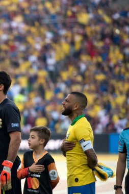 Rio de Janeiro, Brezilya - 07 Temmuz 2019: Brezilya Copa America 2019 Şampiyonu. Brezilya-Peru maçı Copa America 2019 finali için Rio de Janeiro 'nun kuzeyindeki Maracana Stadyumu' nda oynanacak..