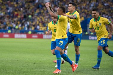 Rio de Janeiro, Brezilya - 07 Temmuz 2019: Brezilya Copa America 2019 Şampiyonu. Brezilya-Peru maçı Copa America 2019 finali için Rio de Janeiro 'nun kuzeyindeki Maracana Stadyumu' nda oynanacak..