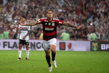 Rio de Janeiro (RJ), 12.08.2023 - Flamengo 'dan Pedro' nun gol kutlaması. Flamengo x Sao Paulo arasındaki maç, Brezilya Şampiyonası 'nın 19. raundu için, Maracana' da.