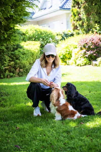 幸せな成熟した女性とともにCavalier犬リラックスしてザ裏庭 — ストック写真