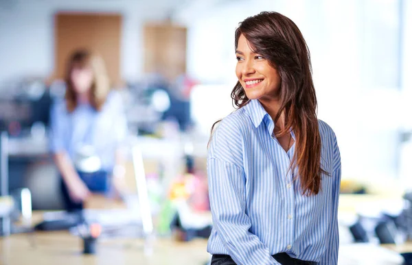 Close Mid Aged Businesswoman Cheerful Smiling Looking Away — Stock Photo, Image