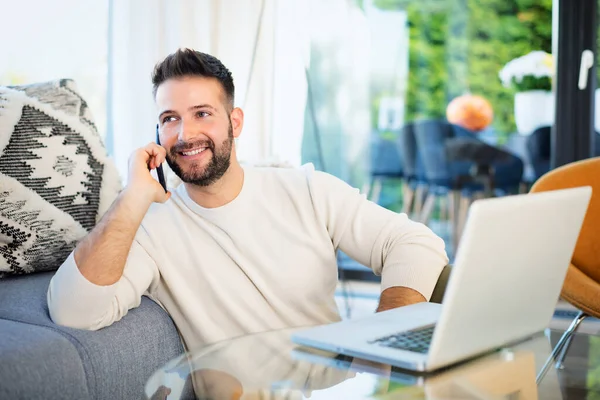 Handsome Man Using Mobile Phone Laptop Work Home Home Office — Stock Photo, Image