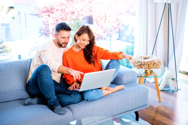 幸せなカップル一緒にソファの上でリラックス インターネットで閲覧しながらノートパソコンを使って朗らかな女とハンサムな男 指で画面に何かを見せる男 — ストック写真