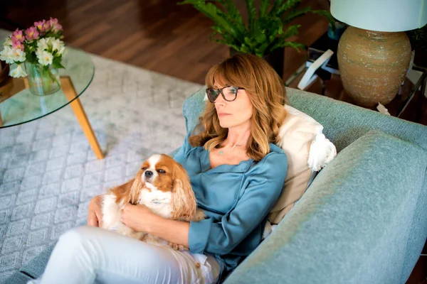 自宅でソファの上でリラックス彼女のかわいい子犬と中年の女性 カジュアルな服や眼鏡をかけている女性を自信を持って — ストック写真