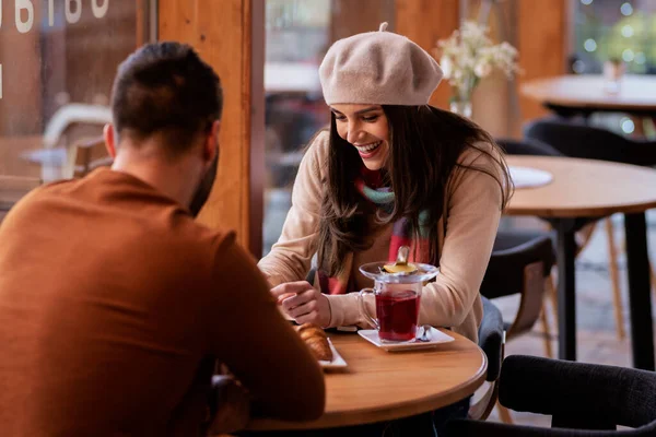 Beautiful Woman Handsome Man Sitting Together Table Cafe — Stock Photo, Image