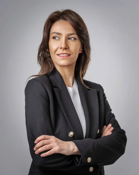 Portait Attractive Businesswoman Wearing Black Blazer While Standing Isolated Grey — Stock Photo, Image