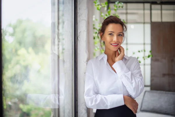 Portrait Beautiful Middle Aged Woman Standing Window Smiling Brunette Haired — Stock Photo, Image