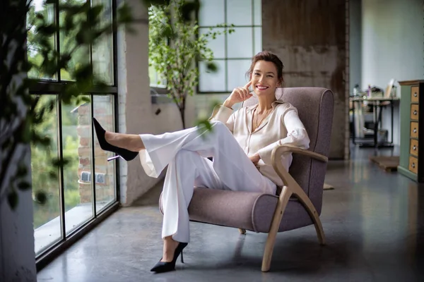 Portrait Beautiful Mid Aged Woman Relaxing Armchair Window Attractive Female Stock Photo