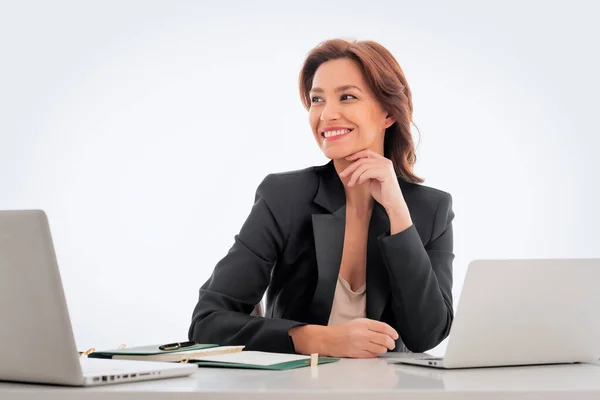 Mid Age Businesswoman Sitting Desk Isolated Background Confident Professional Female Stock Image