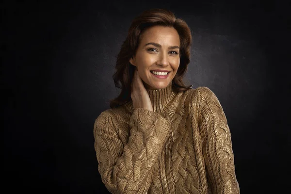 Studio Portrait Brunette Haired Woman Wearing Gold Sweater Smiling Isolated Stock Picture