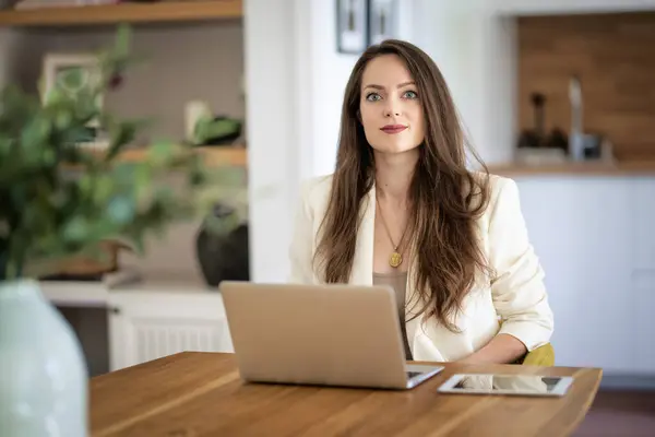 Attractive Woman Sitting Home Working Laptop Business Woman Wearing White Royalty Free Stock Photos