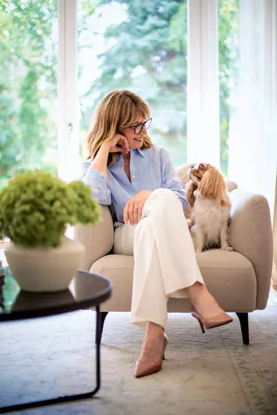ブロンドの髪を持つ中年の女性は かわいい犬と一緒に自宅の椅子に座っています 魅力的な女性はメガネとブルーのシャツを着ています 全長ショット ストックフォト