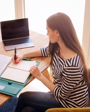 Bilgisayarının önünde oturan ve not defterine bir şeyler yazan bir kadının dikiz görüntüsü. Evden çalışan kendine güvenen bir iş kadını. Merkez Ofis.