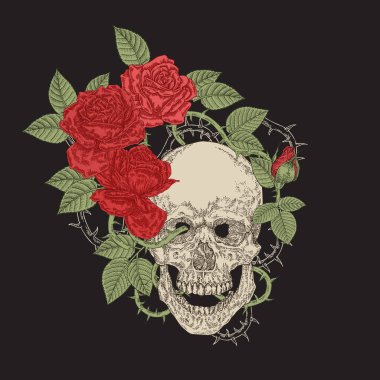 Çiçekli kafatası vektör çizimi. Siyah arka planda insan kafatası ve kırmızı güller. Vintage oymacılığı.