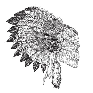 Başlık takmış Kızılderili kafatası, el çizilmiş. Amerikan yerlisi teması. Vektör illüstrasyon klasiği. Siyah ve beyaz grafik tasarımı.
