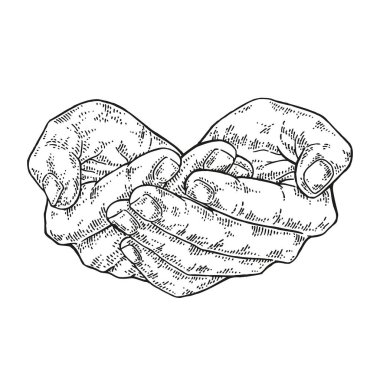 Eller kalp şeklinde. İnsan eli vektör çizimi. Dikkat sembolü. Eski gravür biçimi. 