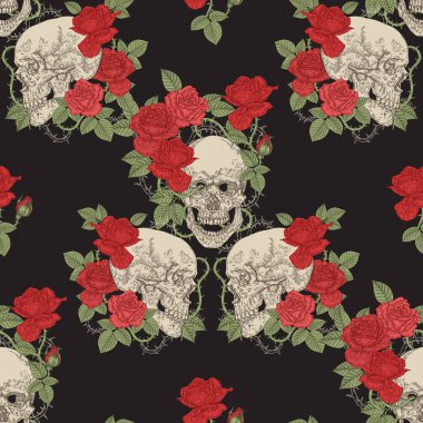 Kurukafalar ve güller dikişsiz desen. Üzerinde kırmızı güller olan detaylı bir insan kafatası. Vektör illüstrasyonu. 
