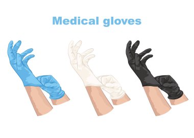 Tıbbi eldivenler hazır. Eller steril beyaz, mavi ve siyah eldivenli. Vektör illüstrasyonu. 