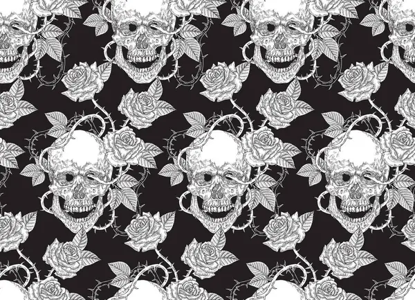 人間の頭蓋骨とバラの花 シームレスなパターン ベクトルイラスト ヴィンテージ — ストックベクタ