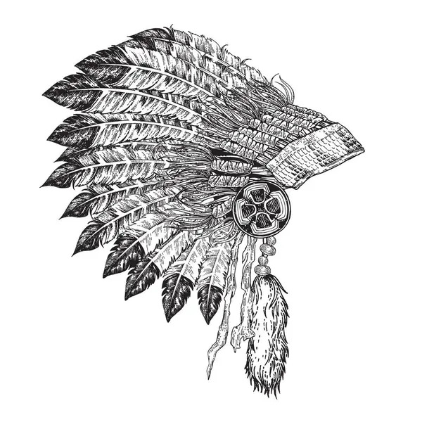 美洲印第安人首席头饰手绘 矢量图解年份 黑白平面设计 — 图库矢量图片
