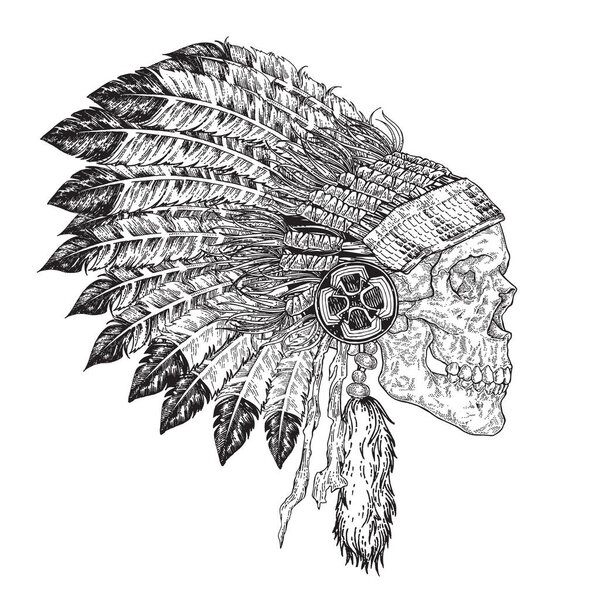 Indian skull in chief headdress hand drawn. Native american theme. Vector illustration vintage. Black and white graphic design.