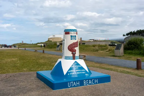 stock image Utah Beach, France - Jun 17 2024: the stone that indicates the beginning of Utah beach, one of the famous beaches where the landing was carried out during D-Day in 1944