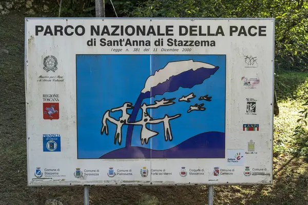 stock image Sant'Anna di Stazzema, Italy - Jul 16 2024: the sign of the National Park of Peace